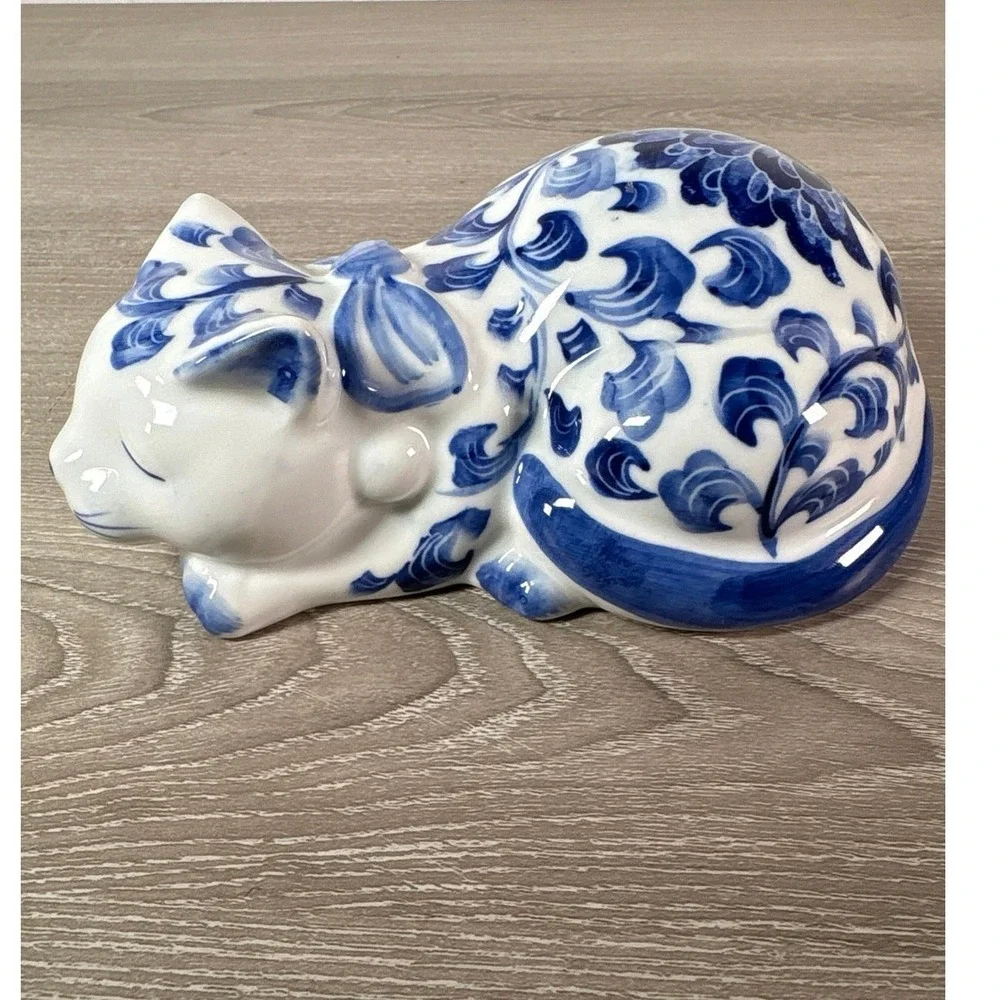 Vintage Cobalt Blue & White Flowers Sleeping Hand-Painted Collectible Cat w/ Bow
